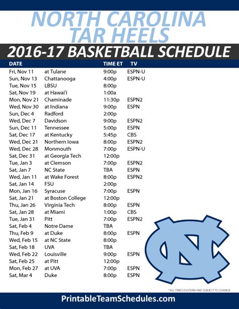 North Carolina Tar Heels Basketball Schedule 2016-17. Print Here - http ...