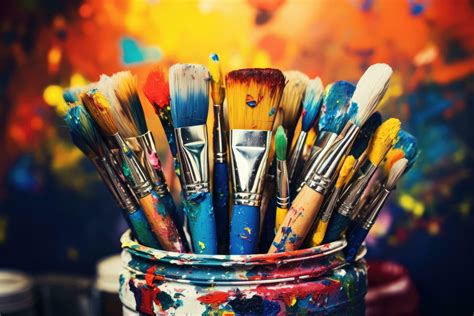 Paint brushes and paints in a jar on a colorful background, Colorful ...