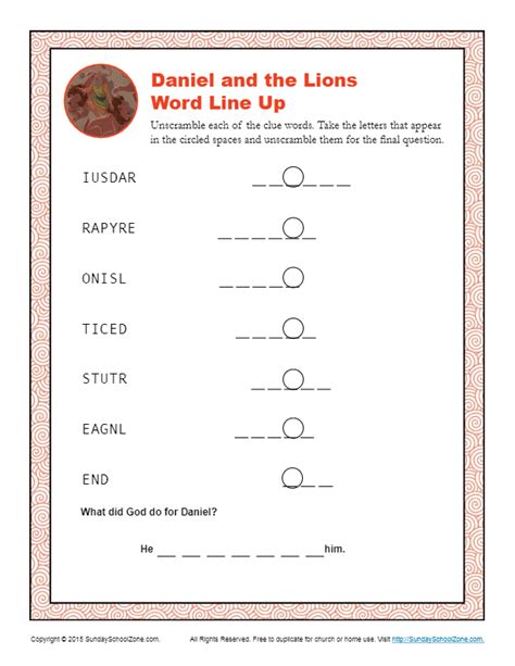 Daniel and the Lions Den Word Line Up Activity for Kids