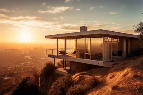 Premium AI Image | A house on a hill with a sunset in the background