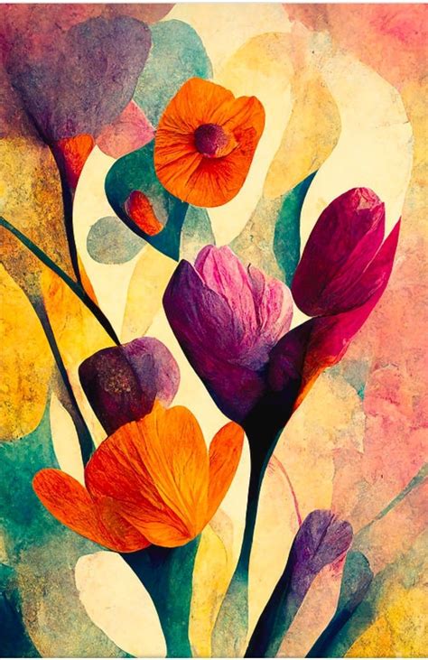 an abstract painting of flowers on a colorful background