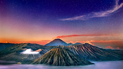 star trails, landscape, volcano, Milky Way, Indonesia, long exposure, crater, Mount Bromo, HD ...