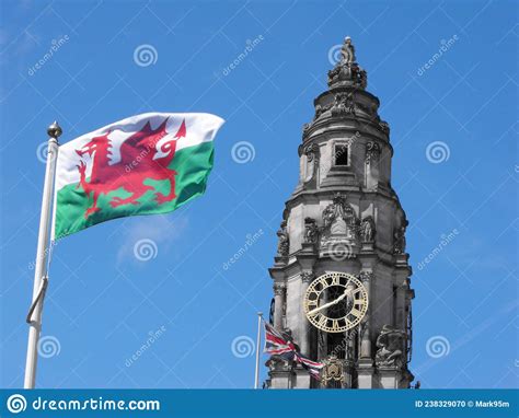 Cardiff Town Hall Clock Tower Stock Photo - Image of flag, time: 238329070