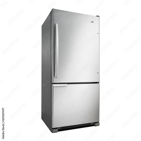 Bottom Mount Fridge Isolated on White Background. Side View of Stainless Steel Side by Side ...