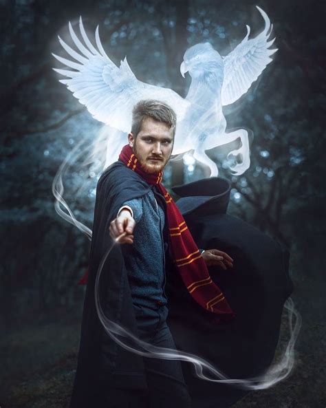 a man in a harry potter costume with an owl on his shoulder and two ...