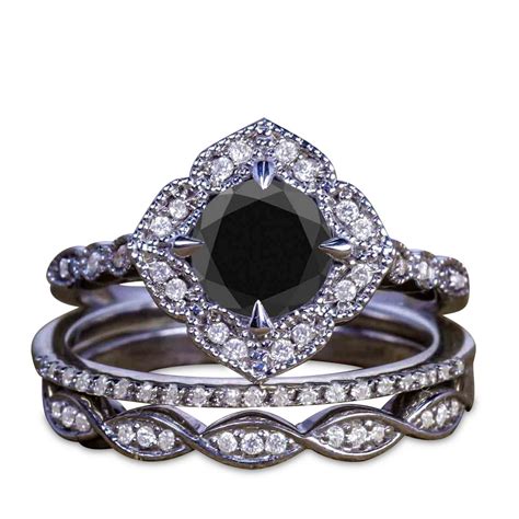 JeenMata - 2 Carat Round Gothic Black Diamond 3pcs Ring Set - Dark ...