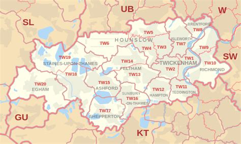 TW postcode area map, showing postcode districts, post towns and ...