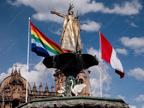 Manco Capac water fountain golden statue in Cusco, Peru. Stock Photo ...