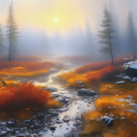 Premium AI Image | Autumn landscape with foggy forest and a river Digital painting