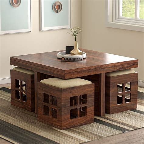 Edinburgh Solid Wood Coffee Table with 4 Cubical Stools - Natural Finish - Decornation
