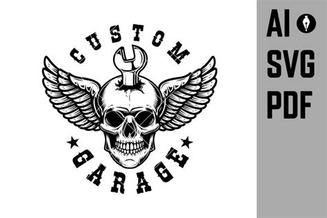 Winged skull with wrench. Design element for logo, label