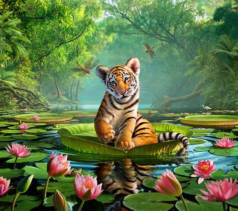Tiger lily, blue, cub, tiger, art, lily, lake, summer, pink, oprange, fantasy, green, tigru ...