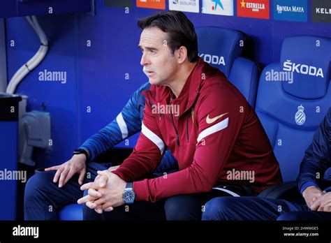 BARCELONA - FEB 20: The manager Julen Lopetegui sits on the bench during the La Liga match ...