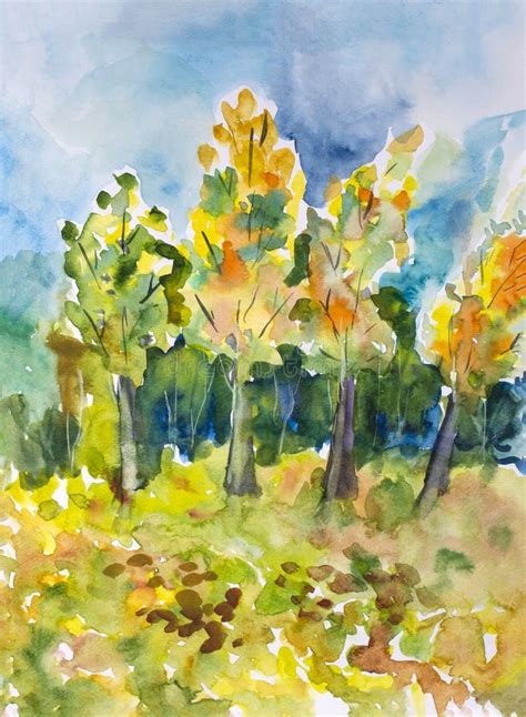 Children`s Watercolor Painting Autumn Landscape With Trees. Stock Illustration - Illustration of ...