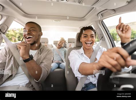 Black Family Singing Riding Car Having Fun Enjoying Road Trip Stock ...