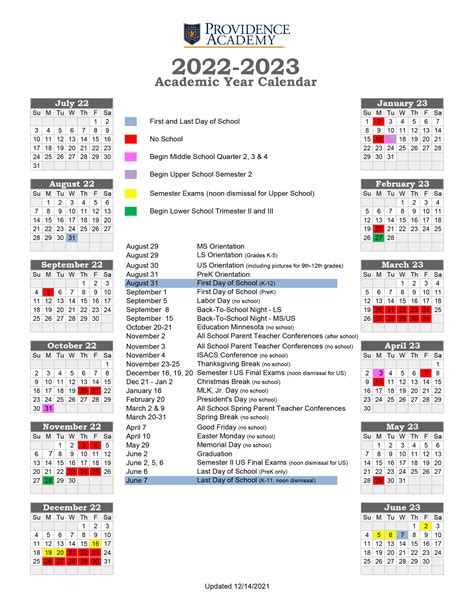 Academic Calendar | Providence Academy