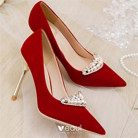 Chic / Beautiful Red Wedding Rhinestone Wedding Shoes 2021 10 cm Stiletto Heels Pointed Toe ...