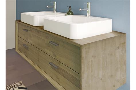 Meuble de salle de bain en bois massif avec double vasque à poser - Hellin