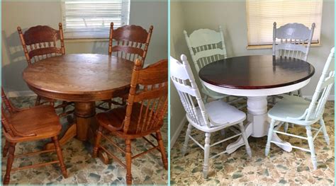 Before and after. Round oak table makeover/redo. Upcycled dining table ...