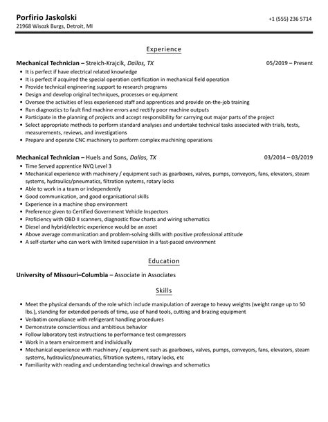 Mechanical Technician Resume Samples | Velvet Jobs