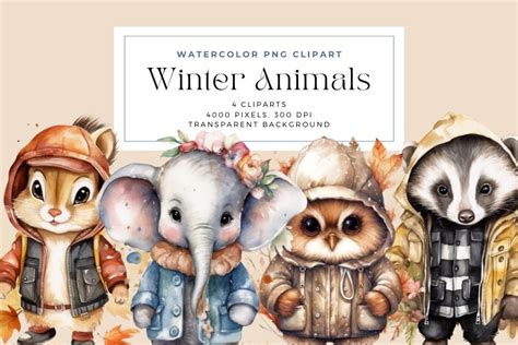 4 Watercolor Winter Animals Clipart