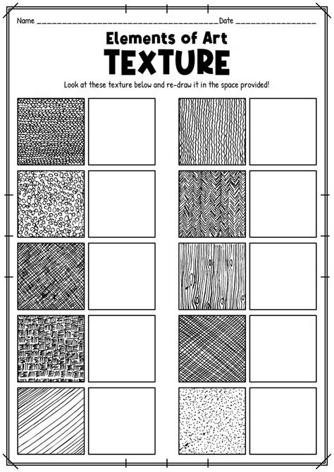 the elements of art texture worksheet is shown in black and white, with different