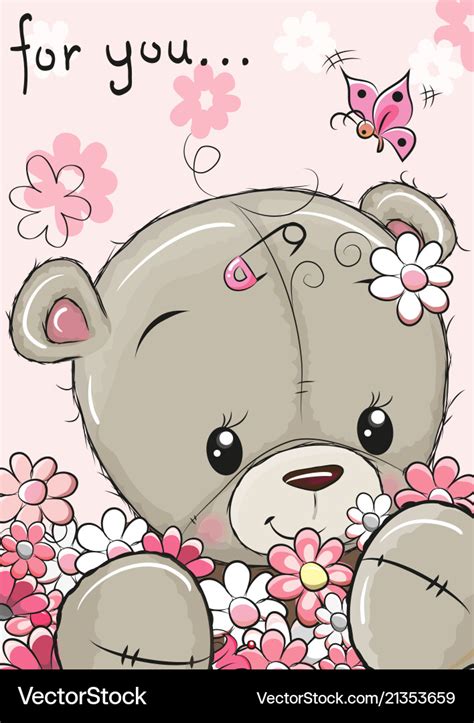 Cute teddy bear with flowers Royalty Free Vector Image