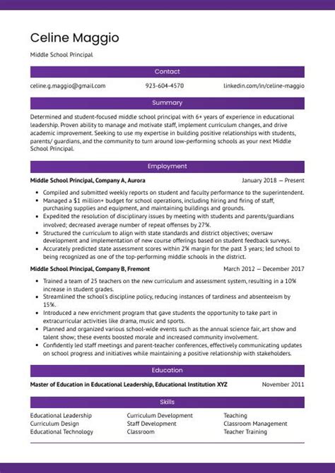 Middle School Principal Resume (CV) Example and Writing Guide