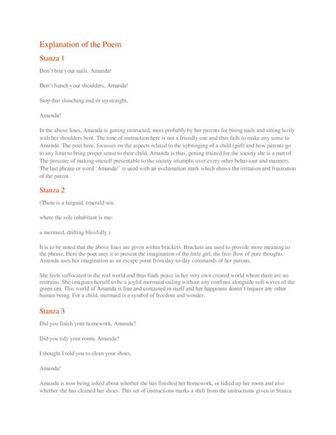 Amanda (Poem) Summary - Explanation of the Poem Stanza 1 Don’t bite your nails, Amanda! Don’t ...