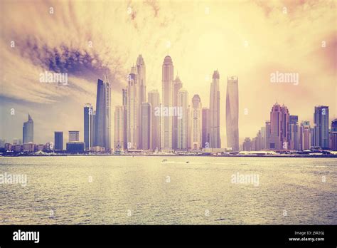 Dubai waterfront skyline, color toning applied, United Arab Emirates Stock Photo - Alamy