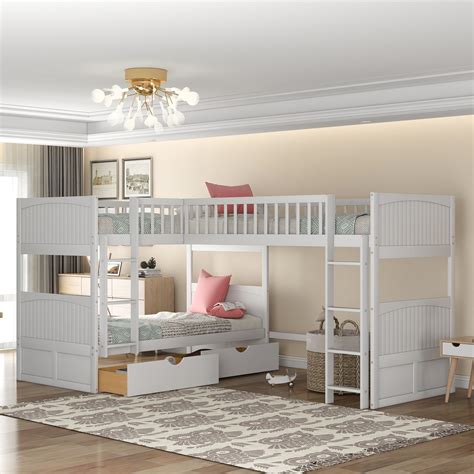 Euroco Twin Size L-Shaped Wood Triple Bunk Bed with Drawers, White ...