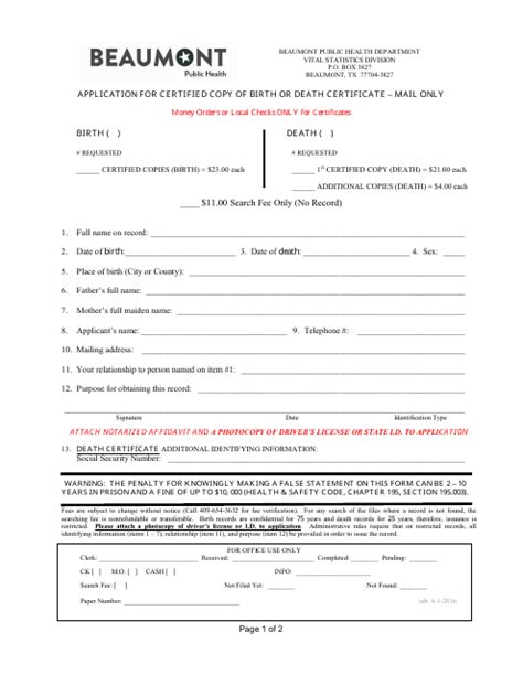 City of Beaumont, Texas Application for Certified Copy of Birth or ...