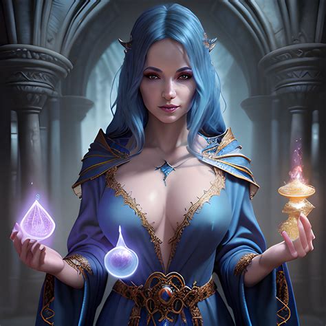 beautiful sorceress, magician, blue robe, breasty, 8k, high reso ...