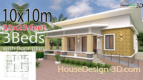 House Design 3d 10x10 Meter 33x33 Feet 3 Bedrooms Shed roof - House ...