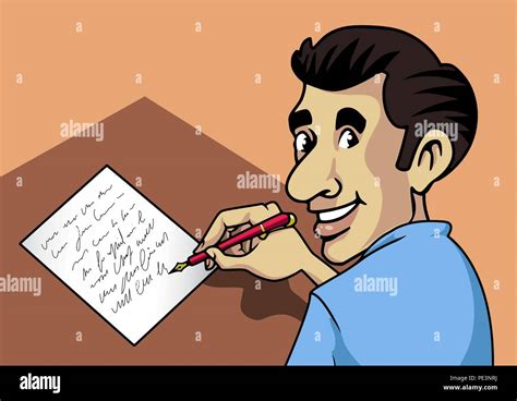 Cartoon-style illustration: a smiling man writing a letter with a fountain-pen and paper Stock ...