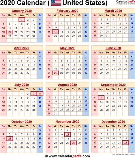 2020 Calendar with Federal Holidays