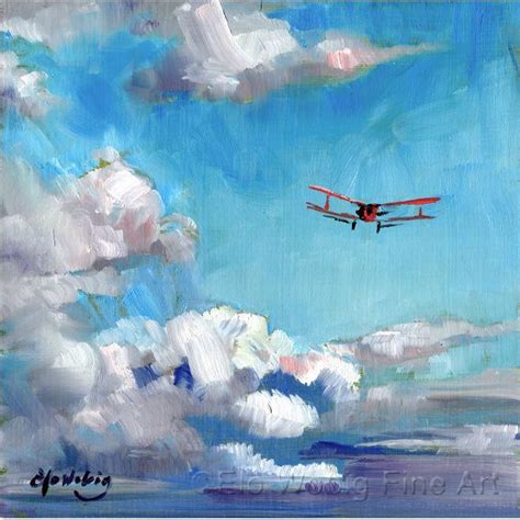 Original oil painting small 8 x 8 Flying Airplane Soaring through ...