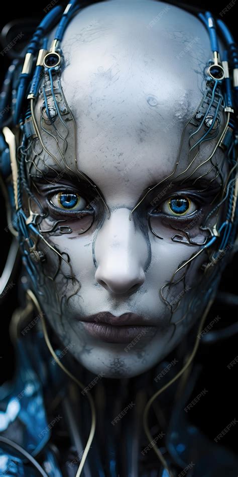 Premium AI Image | Silicon Robotic Human Face with Wires and Optical Fiber