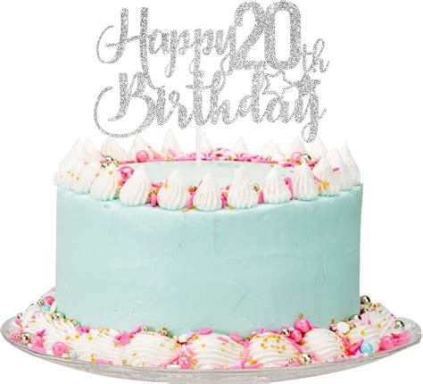 Paroke & Bubble Silver Glitter Happy 20th Birthday Cake Topper - 20th Birthday Cake Topper, 20th ...