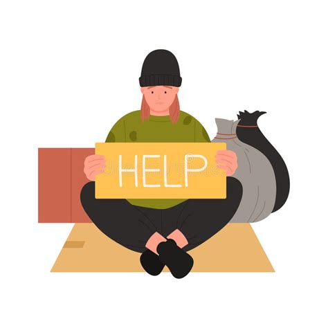 Sad Homeless Man with Help Board Stock Vector - Illustration of hunger ...