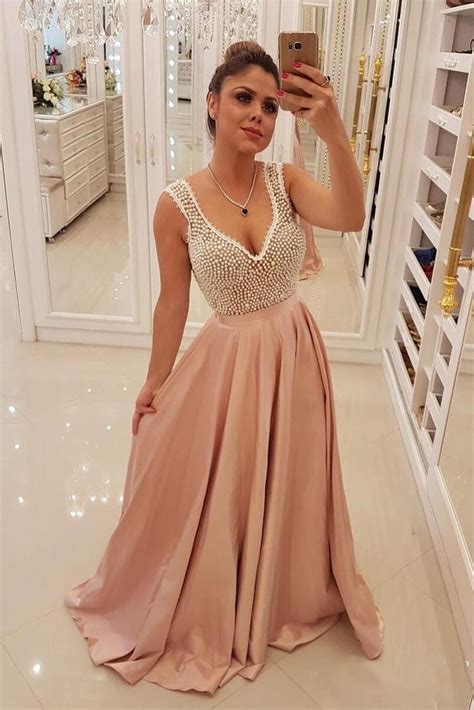 Charming Blush Pink Long Satin Prom Dresses Unique Pearls Formal Evening Dress OK10 – Okdresses