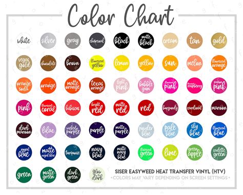 Siser Easyweed HTV Color Chart 58 COLORS Semi-editable PSD | Etsy