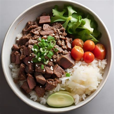 Premium AI Image | cubed shaken beef rice with white sesame on top and chopped AI