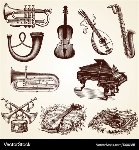 Vintage pack of musical instruments Royalty Free Vector