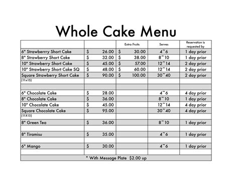 Cake Prices | Cake pricing, Bakery cakes, Cake