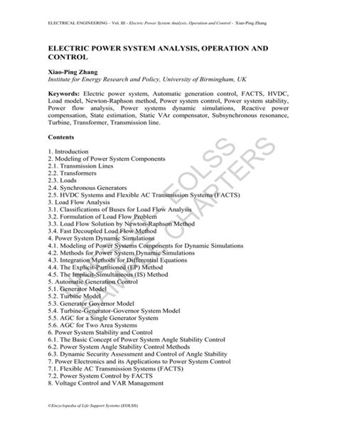 Electric Power System Analysis, Operation and Control