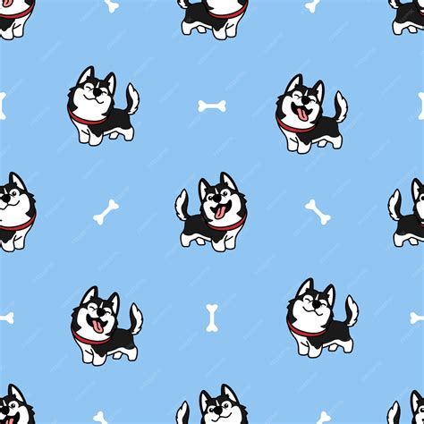 Premium Vector | Cute siberian husky dog smiling cartoon seamless pattern