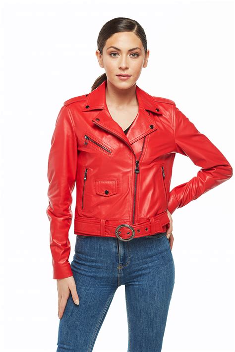 Shiela Women's 100 % Real Red Leather Brando Jacket