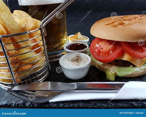 Chips Beer Sauce Burger Delicious Tasty Healthy Stock Photo - Image of ...