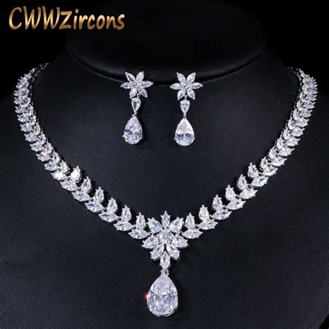 CWWZircons Luxury Bridal Jewelry Sparkling Cubic Zirconia Necklace and Earrings Sets For Wedding ...